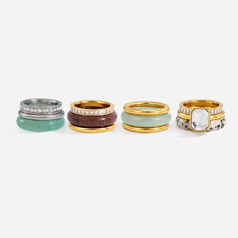 Stainless Steel Natural Stone Stackable Ring Set For Women 18K Gold Plated Rhinestone Geometric Finger Ring Jewelry Gift