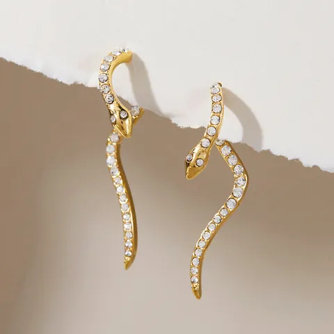 Stainless Steel Rhinestone Snake Front Back Stud Earrings Gold Wave Animal Jewelry For Women Detachable Snake Ear Cuff