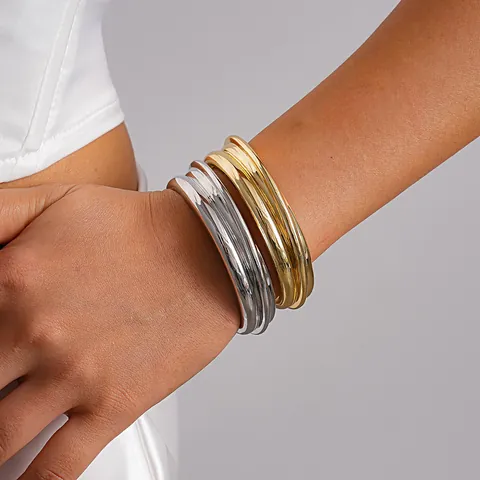 Minimalist Alloy Open Bangle For Women Geometric Textured Design Gold Silver Plated Elegant Fashion Jewelry Accessories