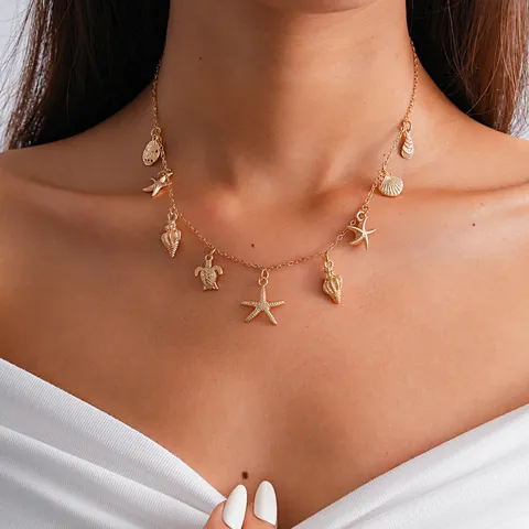Collana con Ciondolo a Tema Oceano in Lega Oro Stile Vacanza Europeo Stella Marina Conchiglia Tartaruga Girocollo Gioielli Donna