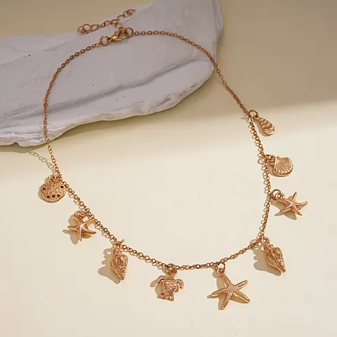 Collana con Ciondolo a Tema Oceano in Lega Oro Stile Vacanza Europeo Stella Marina Conchiglia Tartaruga Girocollo Gioielli Donna