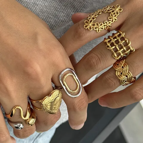 Edelstahl Ringe für Damen 18K Vergoldet Hohl Herz Blume Gewebt Geometrisch Verstellbar Offener Ring Modeschmuck