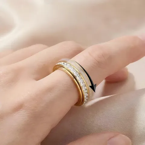 Rotatable Full Rhinestone Starry Sky Ring Titanium Steel Geometric Spinner Ring For Stress Relief Women Men Fashion Jewelry