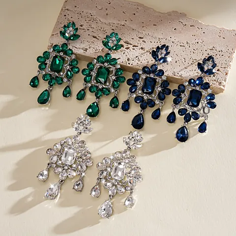 Luxury Alloy Rhinestone Square Flower Water Drop Tassel Earrings With Silver Earring Post Vintage Palace Style Dangle Earrings For Women Jewelry