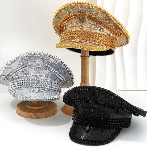 Chapeau de Marin Punk pour Femmes Avec Rivets Paillettes Casquette de Capitaine Y2K Performance Scène Fête Style Militaire