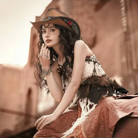 Vintage Paper Straw Cowboy Hat Floral Embroidery Wide Brim Panama Sun Hat With Gemstone Buckle Ethnic Beach Fedora For Women Men