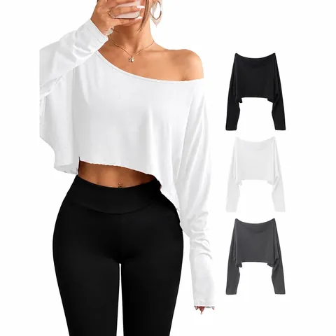 Pack de 3 Camisetas de Manga Larga con un Hombro Descubierto para Mujer Estilo Seda de Hielo Top Corto Ajustado de Mezcla de Algodón para Diario