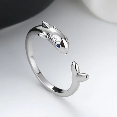 Haai Verstelbare Open Ring Voor Dames Heren Creatief Ontwerp Zinklegering Strass Blauw Oog Punk Gothic Sieraden Vingerring