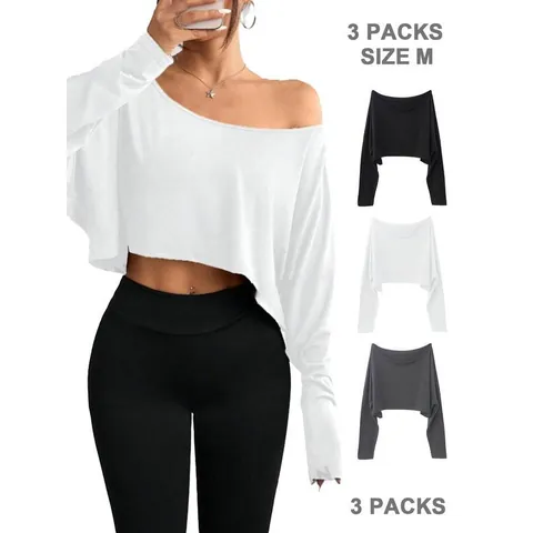 Pack de 3 Camisetas de Manga Larga con un Hombro Descubierto para Mujer Estilo Seda de Hielo Top Corto Ajustado de Mezcla de Algodón para Diario