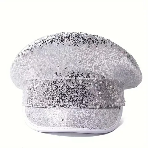 Chapeau de Marin à Paillettes Laser Réfléchissant Holographique Capitaine pour Fête Performance Scène Chapeau Militaire Plat pour Femmes Hommes