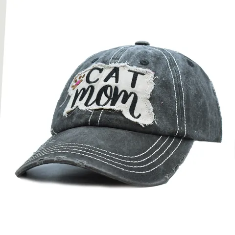 Women Vintage Washed Distressed Cotton Baseball Cap Retro Cat Mom Patch Embroidery Outdoor Sun Visor Casual Peak Cap
