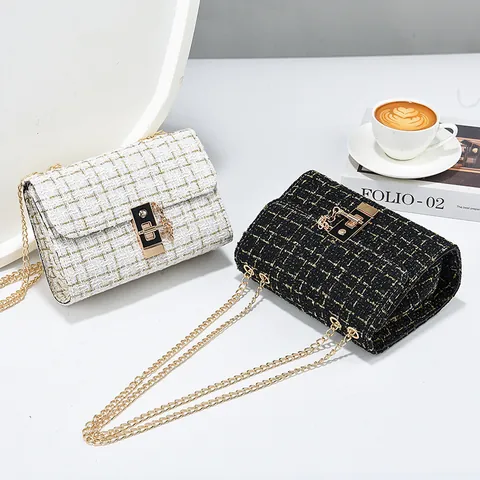 Vintage Tweed Plaid Chain Shoulder Bag For Women Fashion Crossbody Phone Bag With Gold Metal Turn Lock Quilted Square Bag