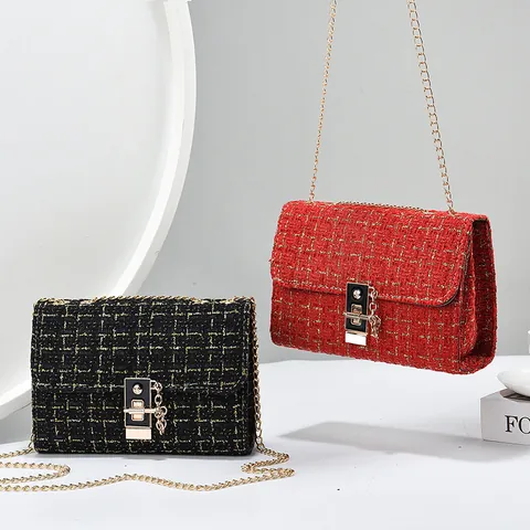 Vintage Tweed Plaid Chain Shoulder Bag For Women Fashion Crossbody Phone Bag With Gold Metal Turn Lock Quilted Square Bag