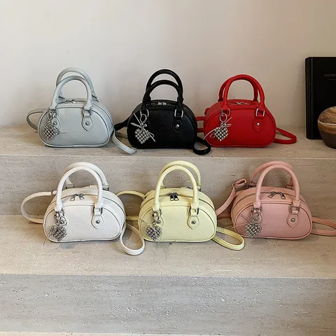 Niche Design 2026 Spring Women PU Leather Bowling Bag Fashion Shell Crossbody Shoulder Bag Small Square Handbag With Charm