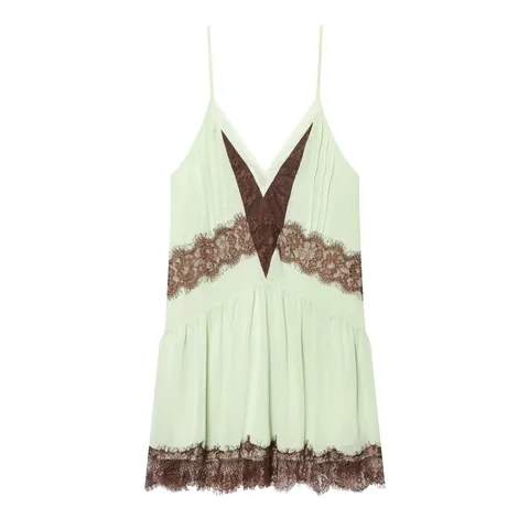 Women Sexy Lace Patchwork Camisole Mini Dress Vintage V-Neck Mint Green Contrast Brown Lace Spaghetti Strap Party Dress