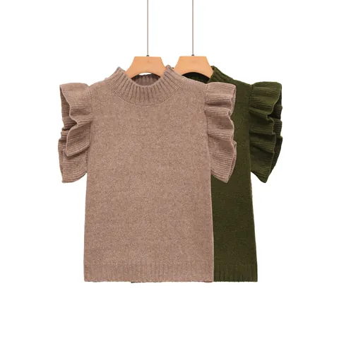 Dames Mode Gelaagde Ruffle Decoratie Gebreide Vest Top Polyester Bedrukt Mouwloos Effen Kleur Elegant Ladylike Casual Top