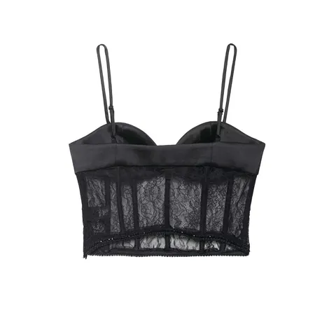 Women Sexy Satin Lace Patchwork Corset Top Spaghetti Strap Fishbone Slim Fit Sleeveless Party Camisole Black