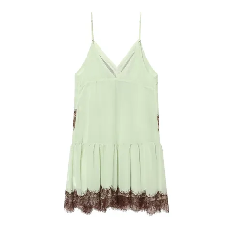 Women Sexy Lace Patchwork Camisole Mini Dress Vintage V-Neck Mint Green Contrast Brown Lace Spaghetti Strap Party Dress