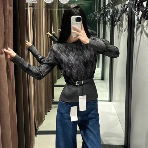 Women Sweet Argyle Knit Cardigan With Belt Long Sleeve V-Neck Sweaters Slim Fit Knitted Top And Midi Skirt Set