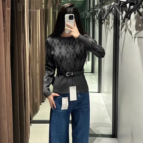 Women Sweet Argyle Knit Cardigan With Belt Long Sleeve V-Neck Sweaters Slim Fit Knitted Top And Midi Skirt Set