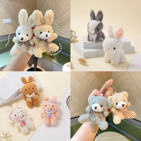 Cartoon Plush Bear Rabbit Doll Keychain Cute Soft Stuffed Animal Pendant With Plaid Bow Tie For Backpack Decoration Kids Gift