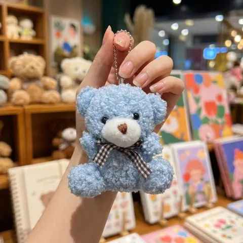 Cartoon Plush Bear Rabbit Doll Keychain Cute Soft Stuffed Animal Pendant With Plaid Bow Tie For Backpack Decoration Kids Gift