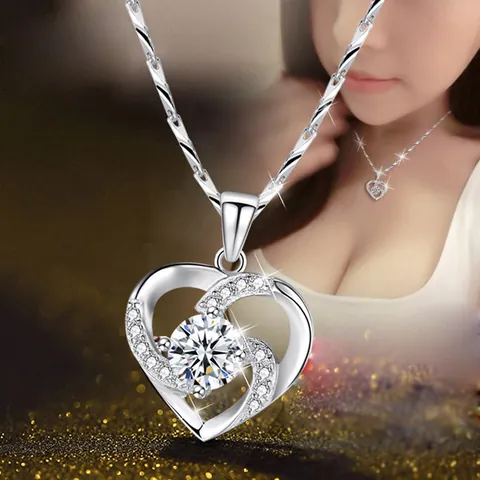 Collana con Pendente a Cuore in Rame Semplice per Donna Catena a Clavicola in Cristallo di Strass Placcato Argento Gioielli da Regalo
