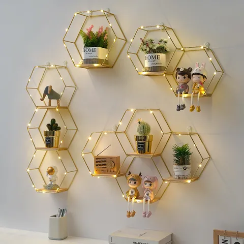 Geometric Hexagonal Wall Mounted Floating Shelf Stainless Steel Rack With Solid Wood Base And LED For Home Decor