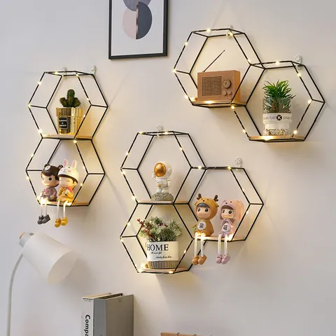Geometric Hexagonal Wall Mounted Floating Shelf Stainless Steel Rack With Solid Wood Base And LED For Home Decor