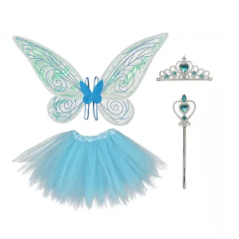Conjunto de Disfraz de Alas de Elfo de Mariposa para Niños Con Luces LED Varita Mágica Tiara Falda de Tutú para Niñas Fiesta de Cumpleaños Accesorio de Disfraz