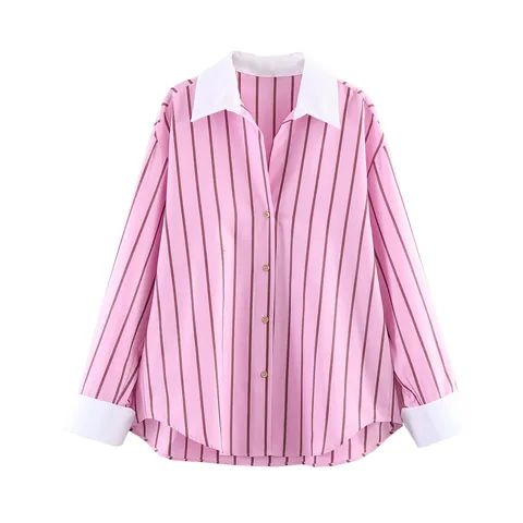 Women Fashion Casual Striped Shirt Pink White Contrast Collar Long Sleeve Polyester Blouse Daily Office Regular Fit Top With Gold Buttons