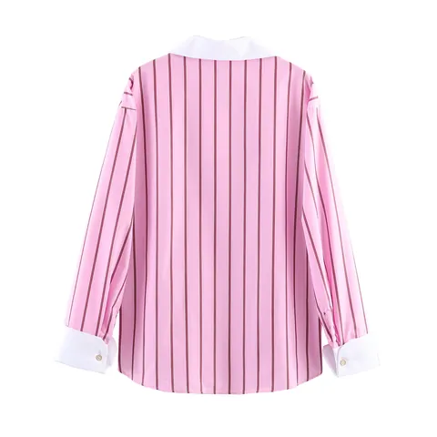 Women Fashion Casual Striped Shirt Pink White Contrast Collar Long Sleeve Polyester Blouse Daily Office Regular Fit Top With Gold Buttons