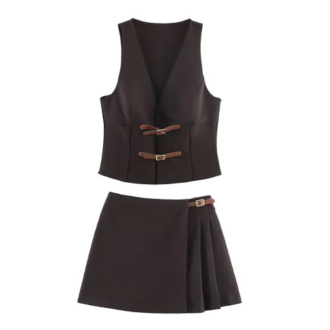 Damen Mode V-Ausschnitt Ärmellose Weste Top Und Plissee Mini Rock Set Mit Lederriemen Einfarbig Kaffee Kleidung