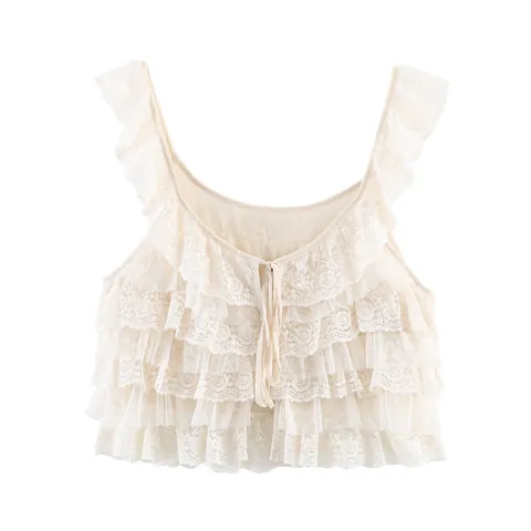 Damen Casual Spitze Geschichtet Cami Top Süß Rüschen Ärmellos Beige Tank Top Vintage Stil Vorne Binden Sommer Weste Für Damen
