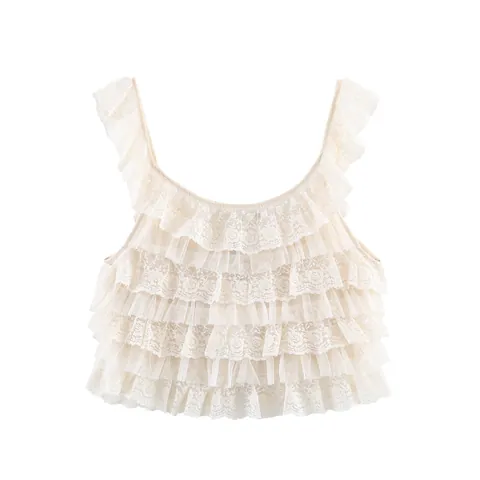 Damen Casual Spitze Geschichtet Cami Top Süß Rüschen Ärmellos Beige Tank Top Vintage Stil Vorne Binden Sommer Weste Für Damen