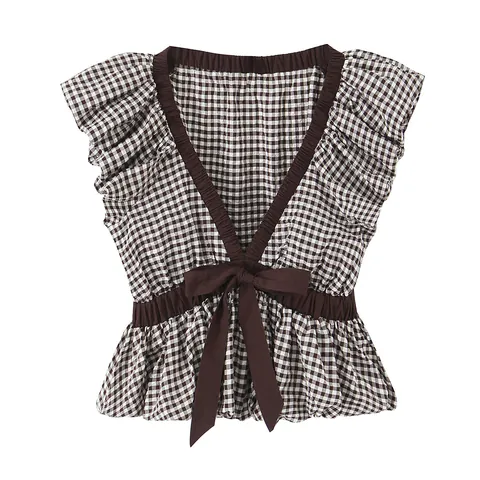 Blusa Casual De Cuadros Para Mujer Cuello En V Mangas Globo Lazo Peplum Top Elegante Dulce Top De Poliéster Para Mujer