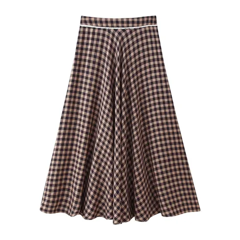 Women Vintage Gingham Plaid Maxi Skirt Polyester High Waist Lace Trim A-Line Skirt Brown Black Checkered Daily Casual Skirt