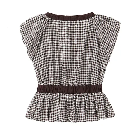 Blusa Casual De Cuadros Para Mujer Cuello En V Mangas Globo Lazo Peplum Top Elegante Dulce Top De Poliéster Para Mujer