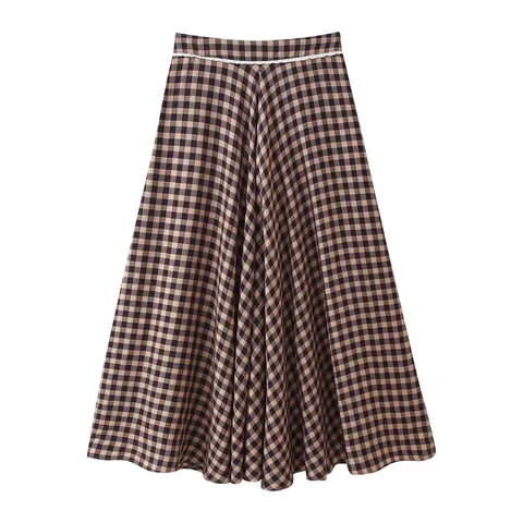 Women Vintage Gingham Plaid Maxi Skirt Polyester High Waist Lace Trim A-Line Skirt Brown Black Checkered Daily Casual Skirt