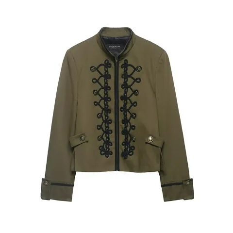Veste Courte Style Militaire Vintage pour Femme Col Montant Coupe Ajustée Nœuds en Corde Zippée Vert Armée Noir