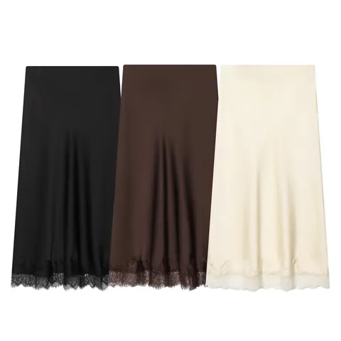 Women Fashion Lace Trim Satin Midi Skirt Sexy A-Line Solid Color Satin Texture Straight Skirt Casual Party Bottom Skirt