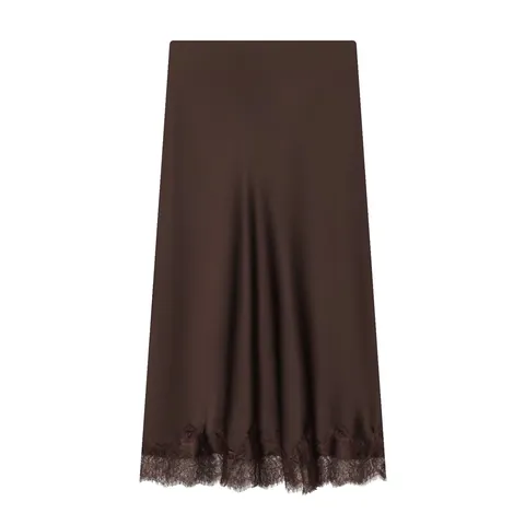 Women Fashion Lace Trim Satin Midi Skirt Sexy A-Line Solid Color Satin Texture Straight Skirt Casual Party Bottom Skirt