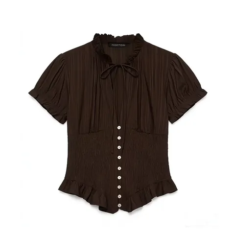 Blusa para Mujer con Cintura de Nido de Abeja Cuello con Volantes Lazo Manga Corta Top de Poliéster Elegante Camisa Casual para Diario
