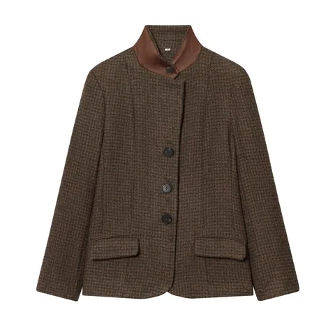 Women Stand Collar Plaid Patchwork Blazer Jacket Vintage Houndstooth Commuter Casual Long Sleeve Top For Business Office Outerwear