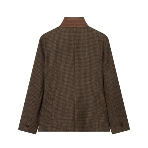Women Stand Collar Plaid Patchwork Blazer Jacket Vintage Houndstooth Commuter Casual Long Sleeve Top For Business Office Outerwear