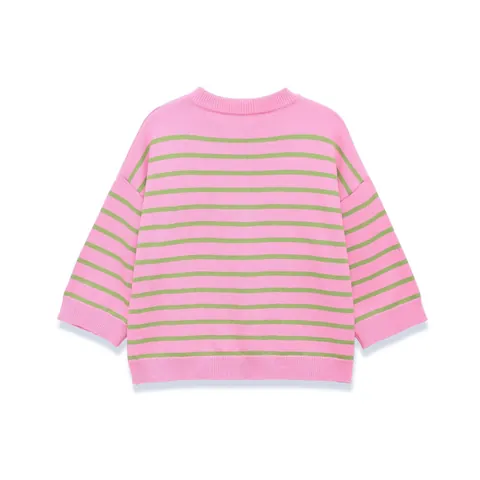Fashion Casual Women Striped Knit Sweater Pink Green Round Neck Half Sleeve Pullover Top For Daily Wear Soft Knitting Jumper