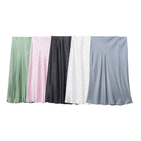 Dames Mode Satijnen Textur Midi Rok Stippen Bedrukt Rechte Rok Europese Hoge Taille Elegant Casual Polyester Onderstuk