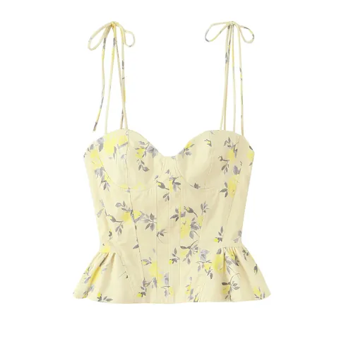 Top de Corsé Sexy con Estampado Floral para Mujer Tirantes con Lazo Dobladillo con Volante Ajuste Estrecho Camisola de Moda