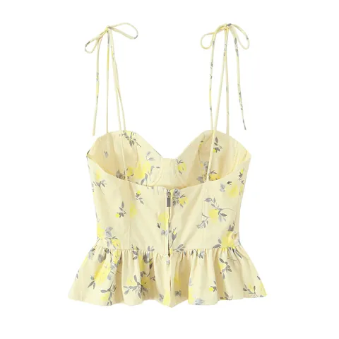Top de Corsé Sexy con Estampado Floral para Mujer Tirantes con Lazo Dobladillo con Volante Ajuste Estrecho Camisola de Moda