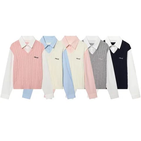 Suéter de Mujer Casual Look a Capas Punto de Ocho Manga Larga Bordado Estilo Preppy Patchwork Prendas de Punto Top
